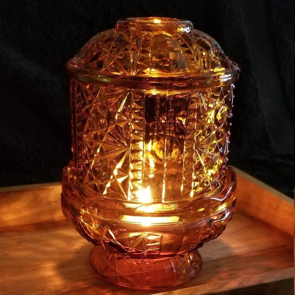 Vintage Large Amber Stars & Bars Fairy Lamp, Indiana Glass Tea Light Candle 7” - Picture 2 of 3